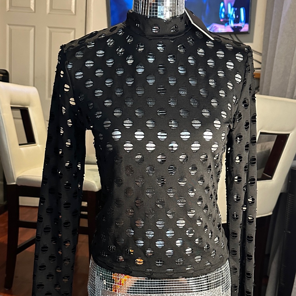 Black Long-Sleeve Sheer Polka-Dot Mock Neck Top